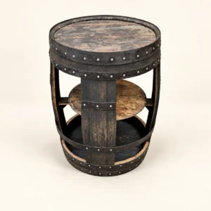 Single dark oak open whiskey barrel table with black steel hoops and a circular middle shelf