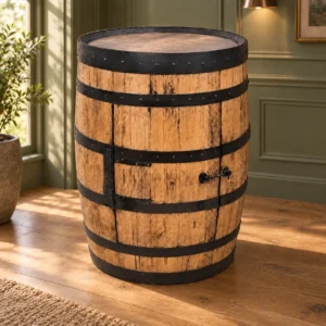Single full oak barrel cabinet with its door closed in a softly lit lounge