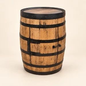 Full natural oak whiskey barrel cabinet with a closed side door and original inset barrel top