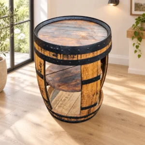 Single natural oak open barrel cabinet in a bright garden-room home bar