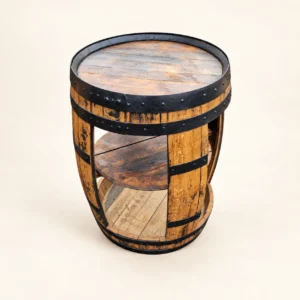 Natural oak open barrel cabinet with a circular middle shelf, bottom platform and black steel hoops