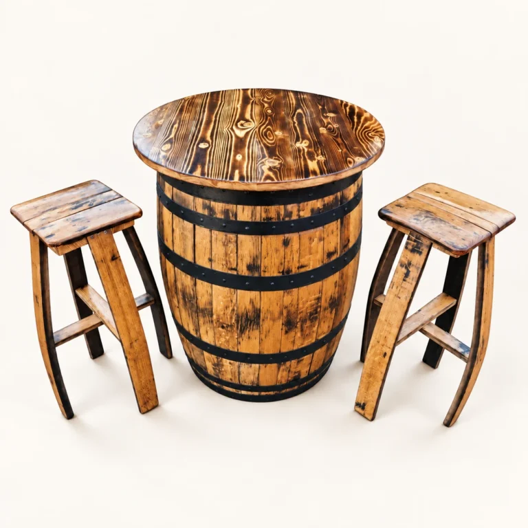 Plain whiskey barrel table with a round tabletop and two matching stools, without a cabinet door