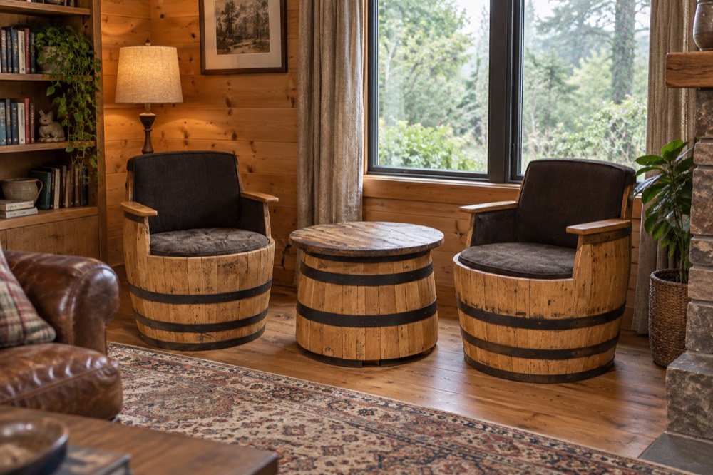 Two whisky barrel armchairs with a matching round coffee table in a lodge seating nook