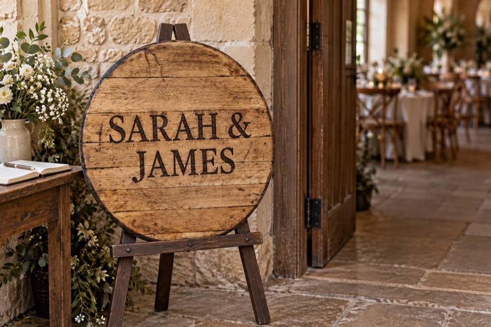 Whisky barrel lid laser engraved with Sarah and James beside a wedding venue entrance