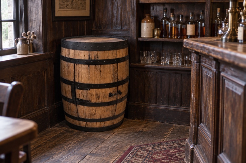 Full whisky barrel cabinet with a closed side door