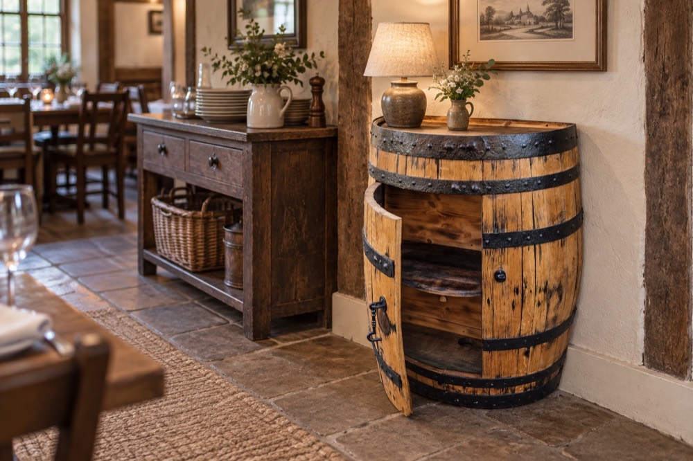 Half whisky barrel cabinet with storage