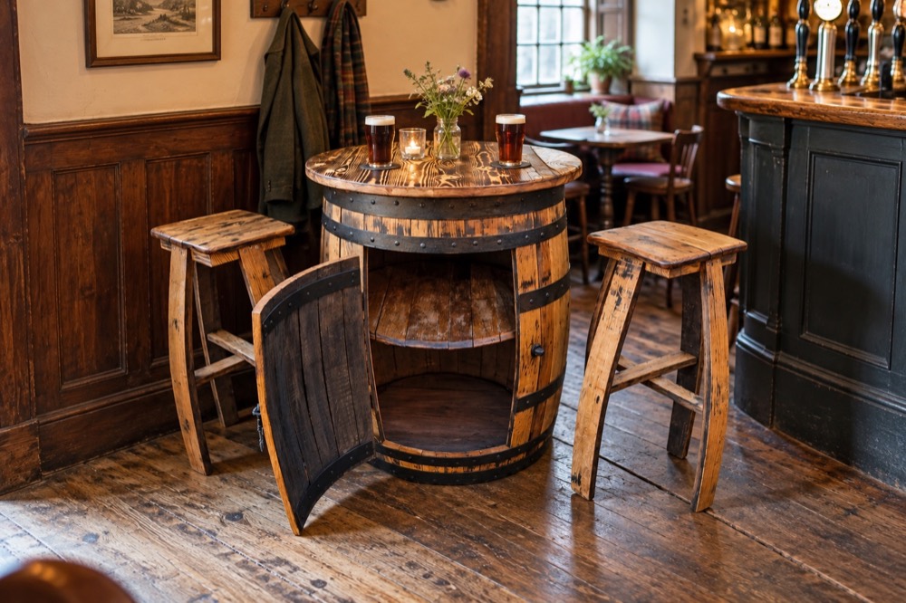Open whisky barrel cabinet table with two matching stools