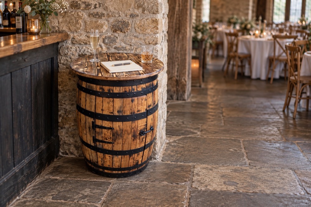 Full whisky barrel table with a round top and enclosed storage