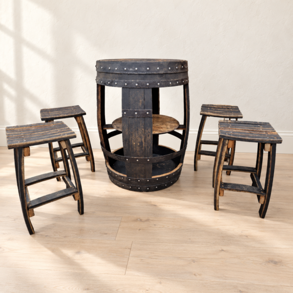 Dark oak open barrel bar table with four matching stools in a bright room