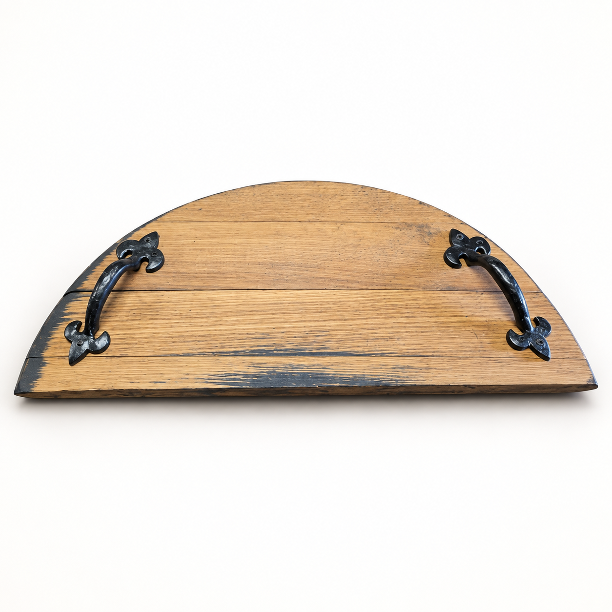 Half-circle reclaimed oak barrel lid with two black handles