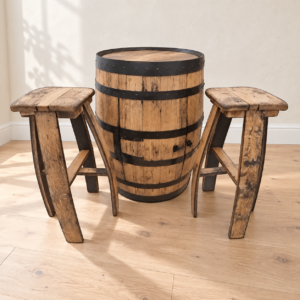 Full oak barrel cabinet with two matching wooden stools in a bright room