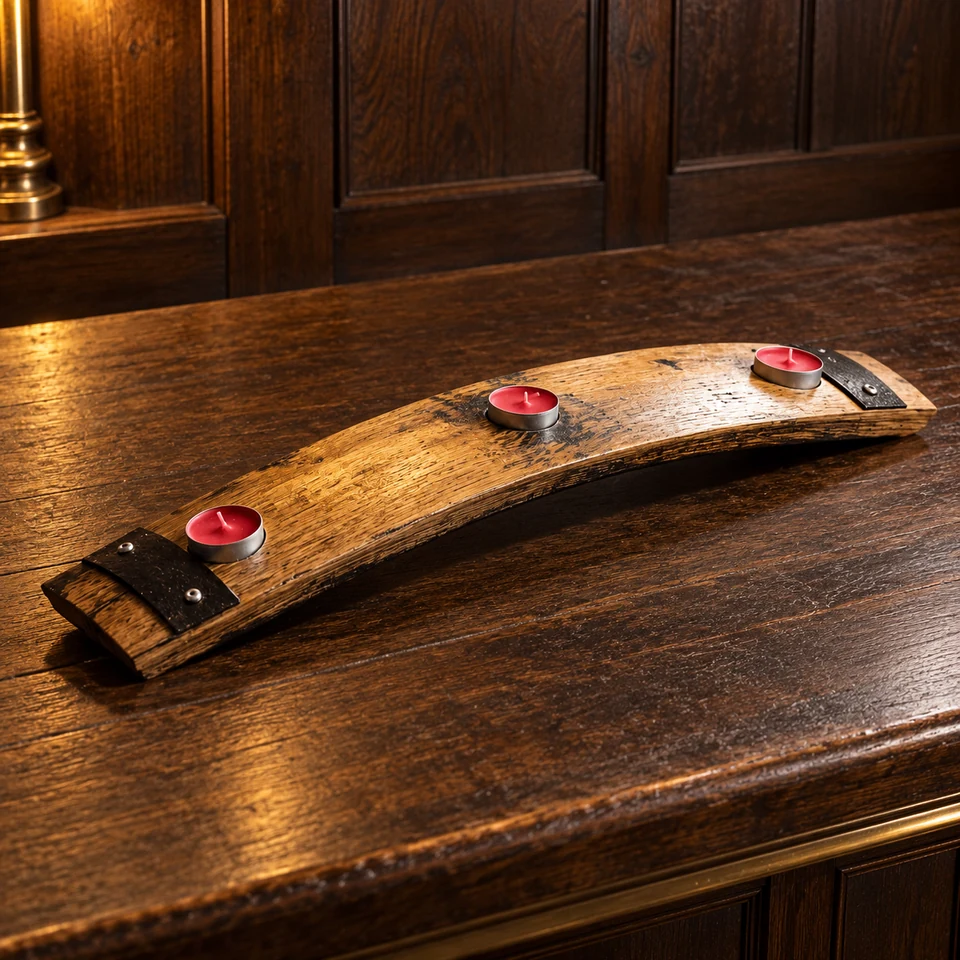 Three-tealight reclaimed oak barrel-stave holder on a dark home-bar counter