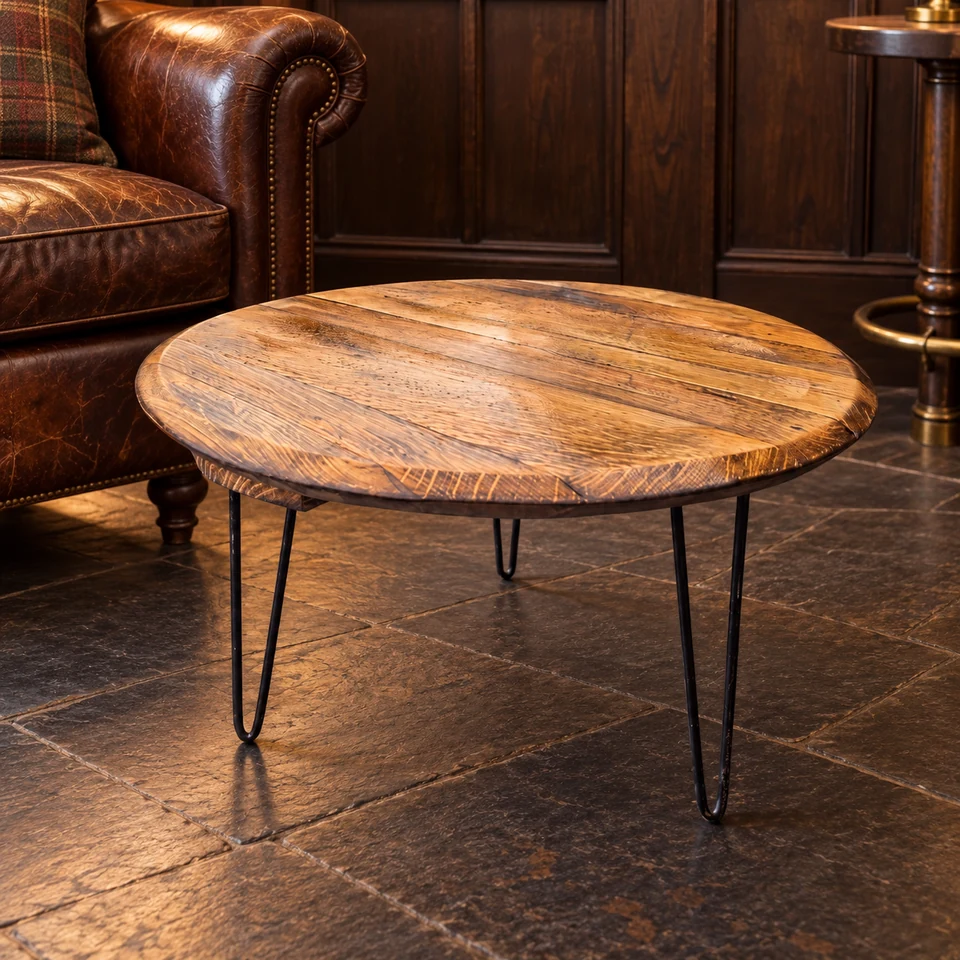 Low round reclaimed oak coffee table beside a brown leather armchair in a home-pub snug