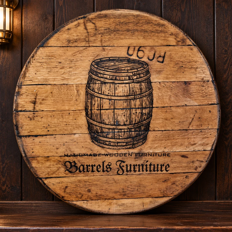 Engraved circular oak barrel lid against a timber home-pub wall