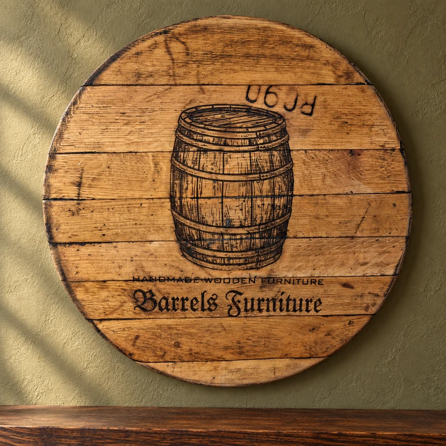 Engraved reclaimed-oak barrel lid displayed on an olive wall
