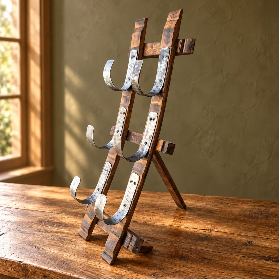 Freestanding barrel-stave wine rack with three pairs of metal bottle cradles on an oak counter