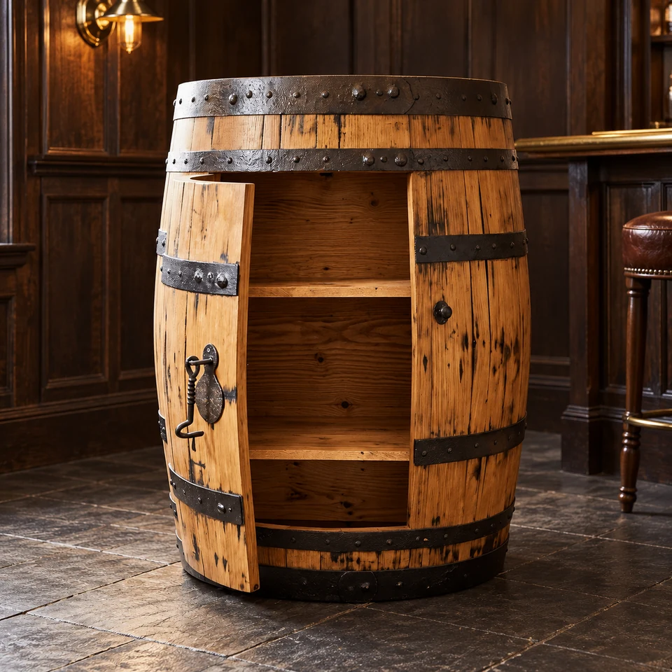 Half-barrel oak cabinet with open door and empty shelves in a timber-panelled home bar