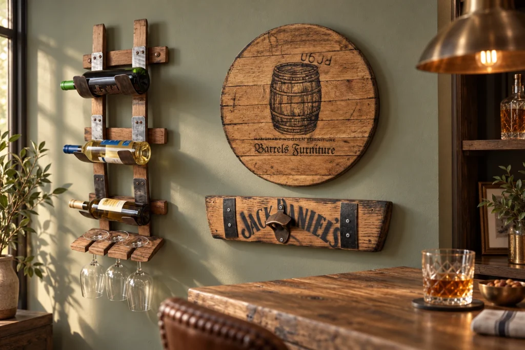Barrel-stave wine rack, engraved oak lid and wall bottle opener in a warm home-bar setting