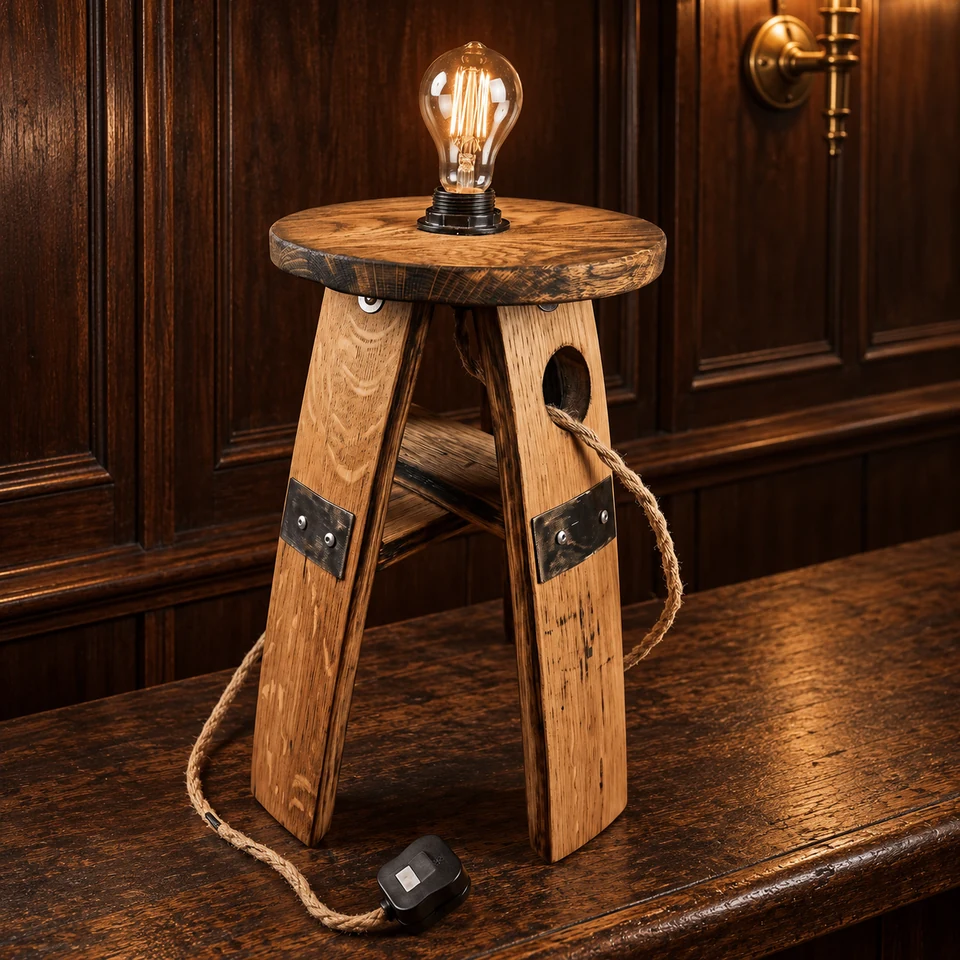 Oak barrel-stave lamp on a simple timber home-bar counter